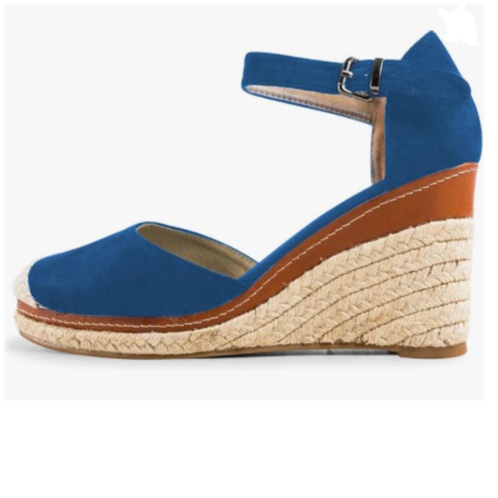 FSJ Steelblue Closed Toe Espadrilles Dressy Wedge Sandal Ankle Strap Buckle Shoe